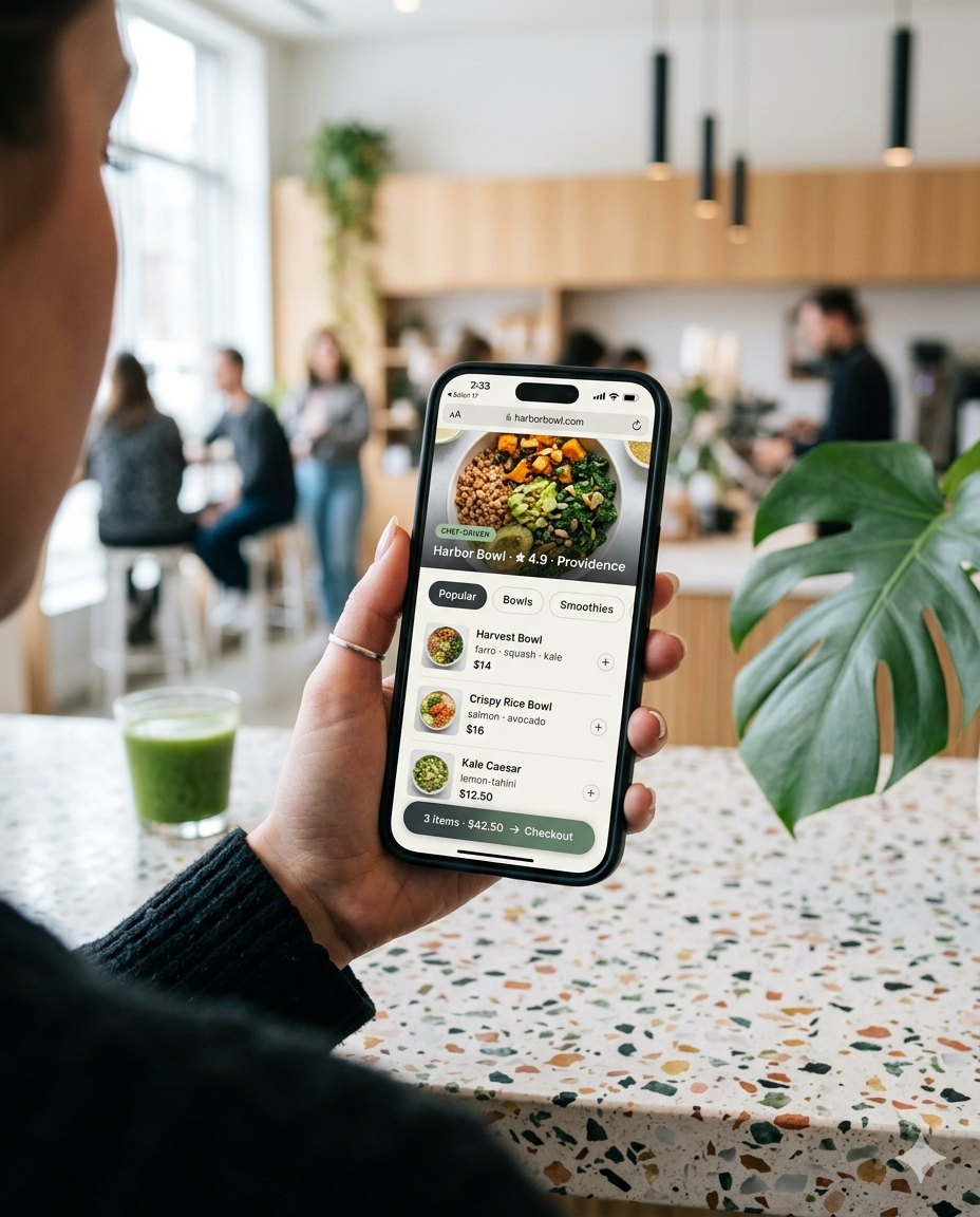 Guest placing a mobile order on their phone at a modern café counter