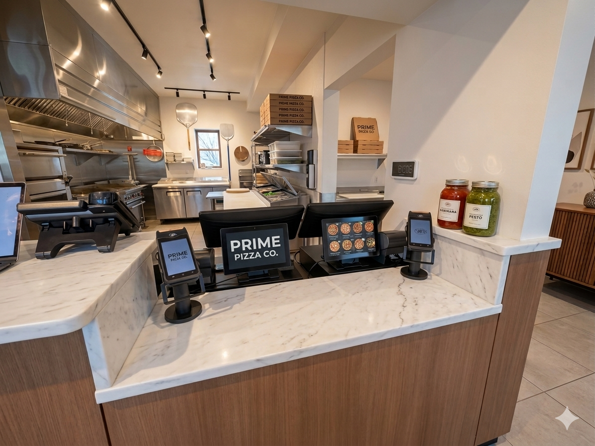 Point-of-sale tablets on a marble counter at an independent pizzeria