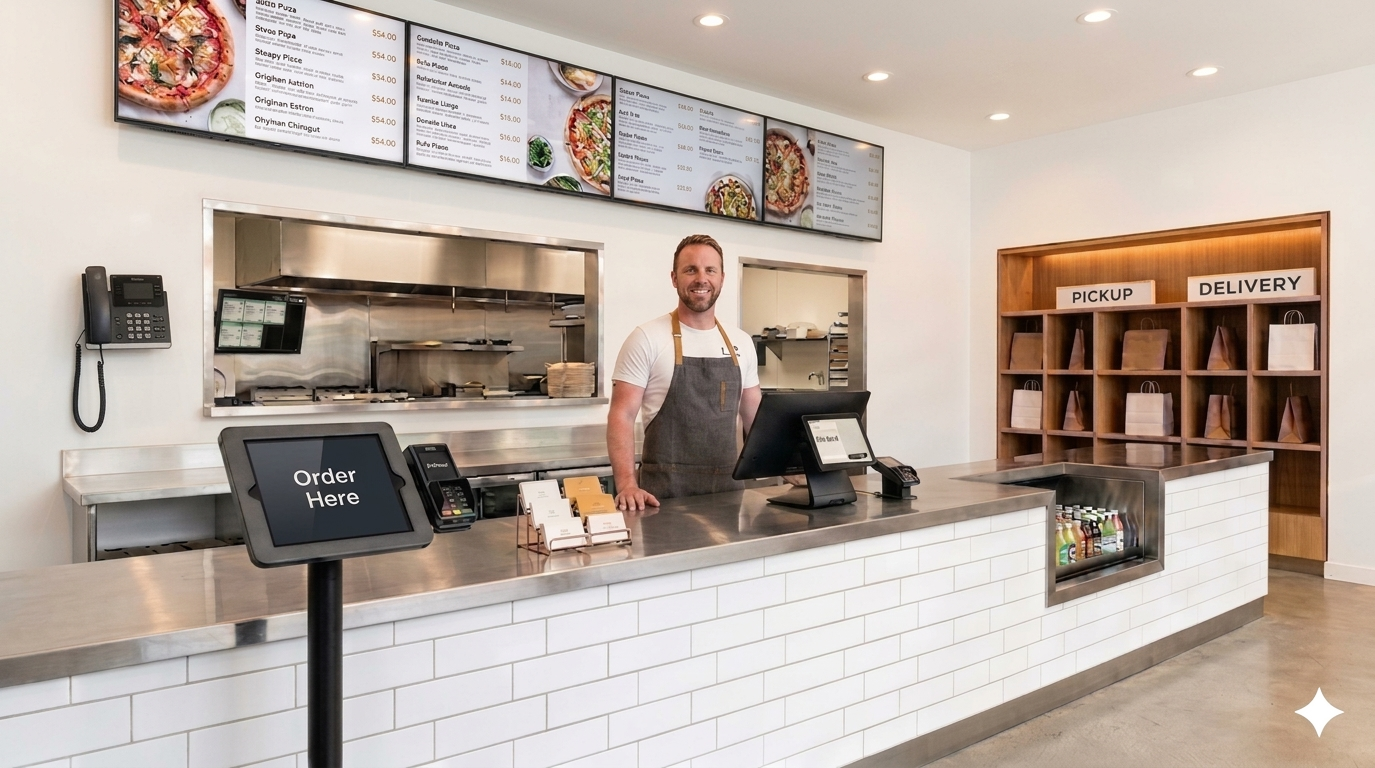 Modern QSR restaurant with the full Labrador AI stack — owner behind a white subway-tile counter with POS, kiosk, digital menu boards, pickup and delivery shelves, and more